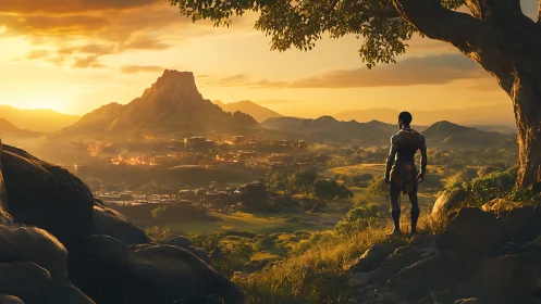 Golden horizon watched by a lone traveler at sunrise.