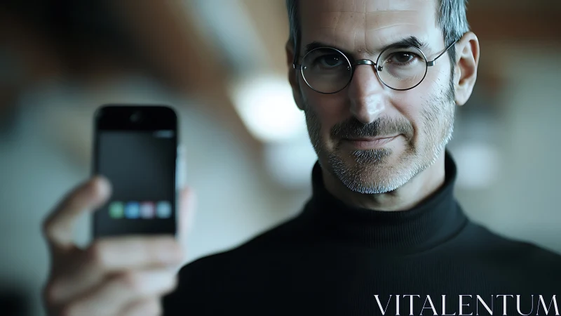 Tech visionary holds smartphone in cool studio light.