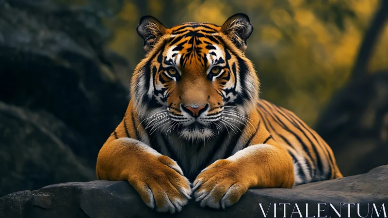 Calm tiger resting on rock ledge in warm forest light.