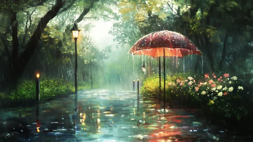 Red umbrella on rainy forest path with lamppost reflections.