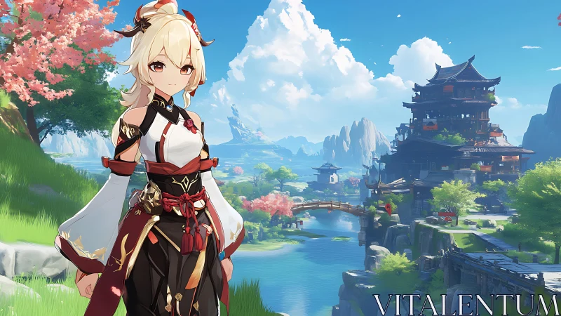 Anime hero in ornate outfit before riverside temple town.