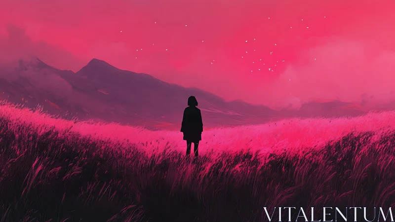 Silhouette drifts through neon meadow beneath whispering peaks