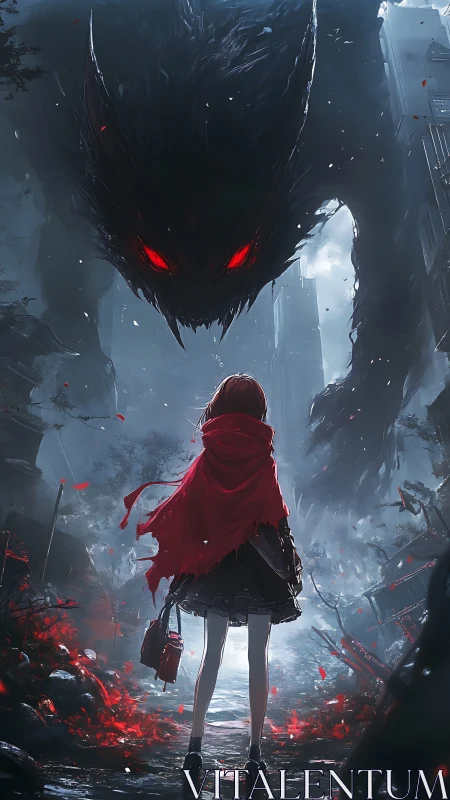 Scarlet-hooded girl confronts colossal red-eyed shadow beast