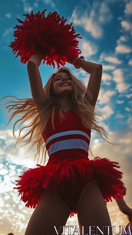 Sunlit cheerleader leaping against a wide open evening sky.