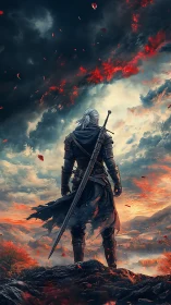 Armored figure with sword observing storm-lit valley landscape.