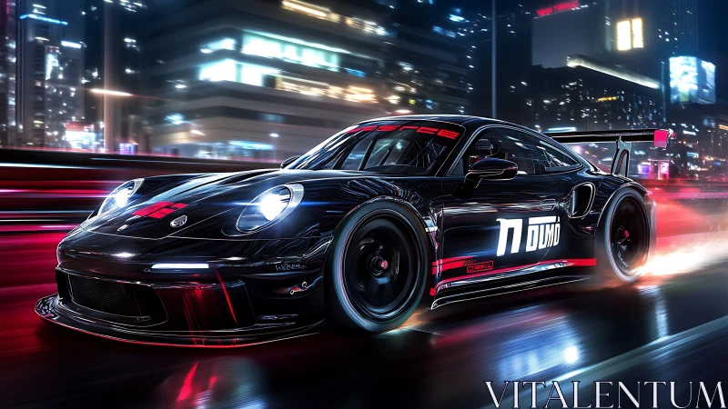 Sleek black race car slices through neon city streets at night