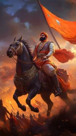 Armored rider on warhorse with orange flag in battle scene.