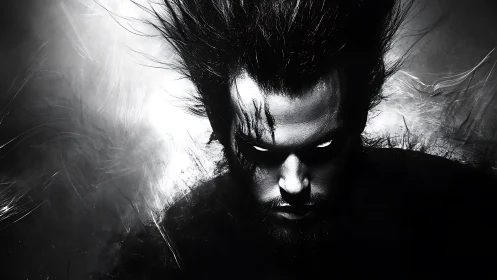 Dark monochrome portrait shows intense glowing eyed figure