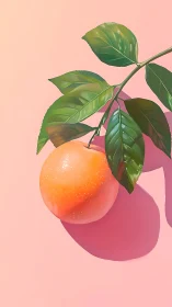 Sunlit citrus branch casts crisp shadow on pink ground.