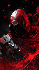 Crimson hooded assassin in shadow with dynamic red shards.