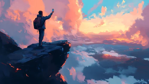 Traveler greeting a glowing sky from a cliffside lookout.