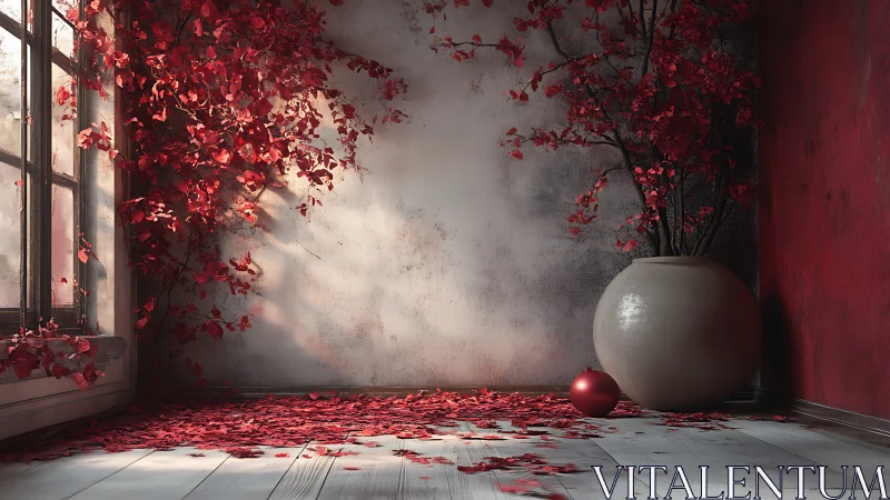 Red foliage against textured wall in controlled natural light.