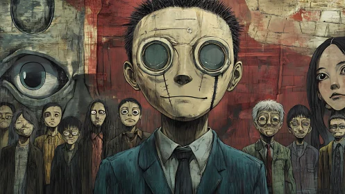 Distorted crowd portrait with goggled protagonist and cracked mask