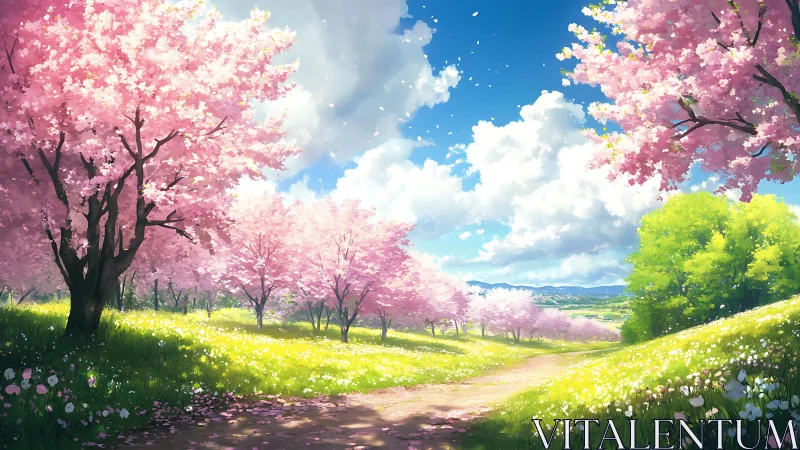 Cherry blossom trees bordering rural path under blue sky.