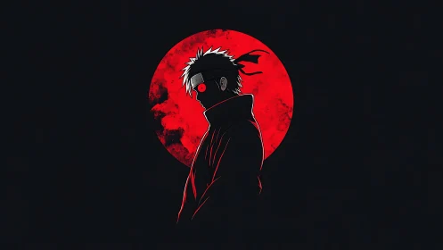 Solitary masked warrior stands before a crimson moon