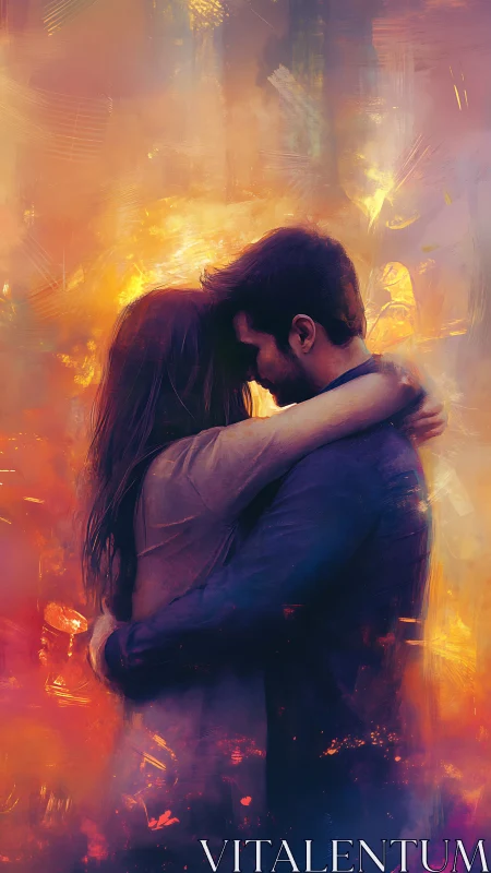 Couple Embracing in Ethereal Golden Firelight.