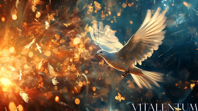 White dove flies through dense orange and blue glowing particles