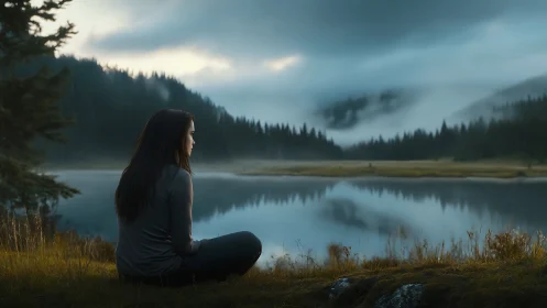 Solitary figure sits by mist-covered forest lake at dawn