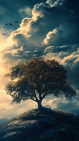 Solitary hilltop tree silhouettes against dramatic storm clouds