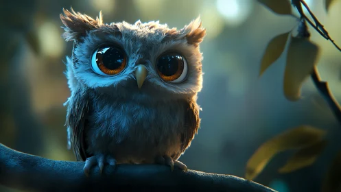 Adorable Big-Eyed Cartoon Owl in Soft, Dreamy Forest Lighting.