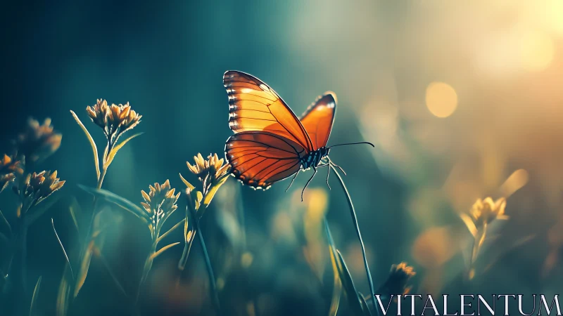 Gentle orange butterfly resting in dreamy golden light.