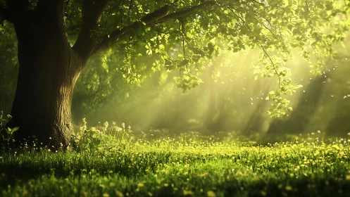 Sunlit forest clearing with tree trunk and soft foliage.