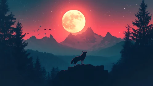 Wolf silhouette under red night sky and full moon.