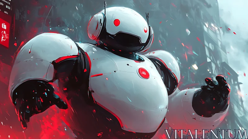 Bulky guardian bot wades through neon ash and smoke-scarred city.