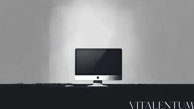Minimalist desktop computer isolated in grayscale space.