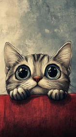 Cat with Oversized Eyes Peering Over Red Surface.