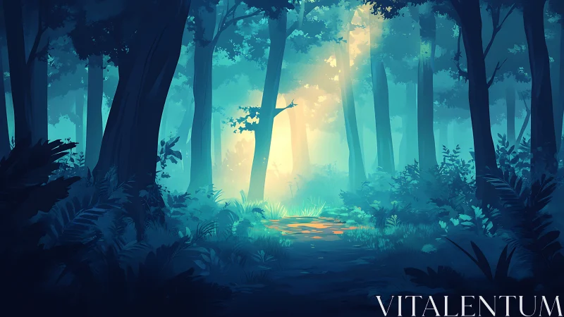 Digital forest landscape depicting silhouetted trees and glowing light