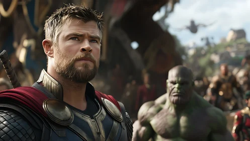 Armored warrior and green titan survey a chaotic battlefield.