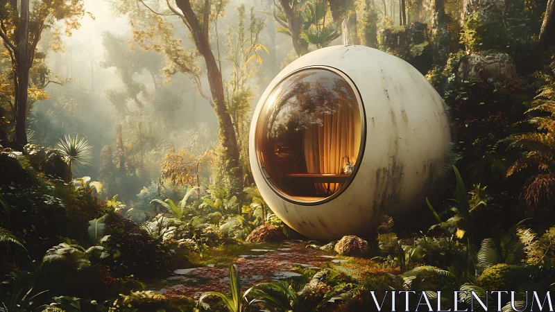 Spherical forest pod glows with warm minimalist interior light.