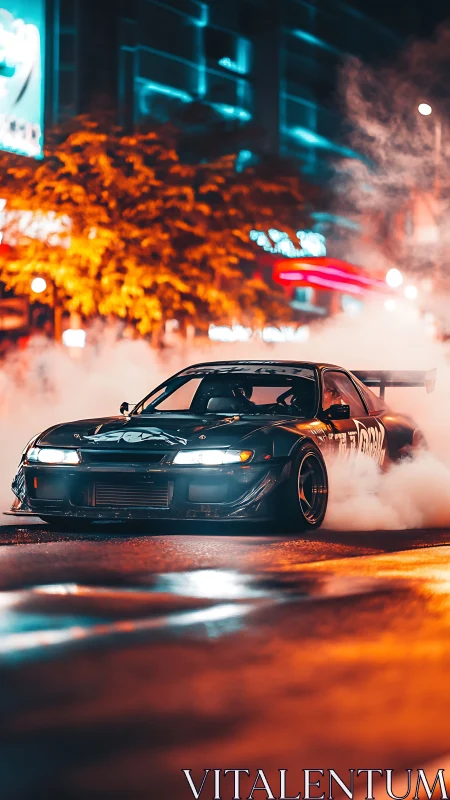 Street drift car slices through neon-lit city smoke at night.