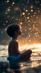 Young child sitting in shallow water at glowing sunset.