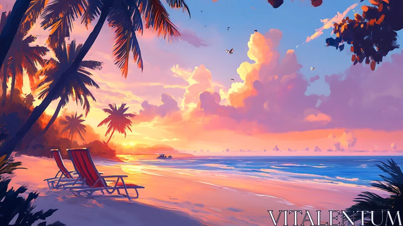 Sunset-lit tropical beach with palm trees and empty chairs