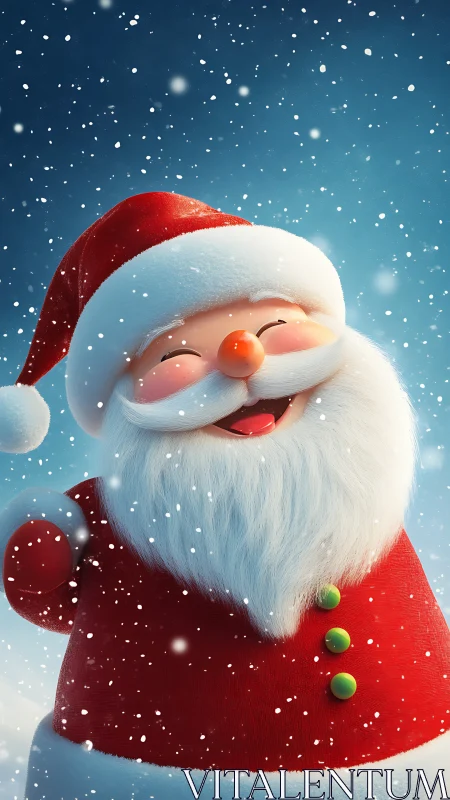 Joyful cartoon Santa laughs under softly falling snow