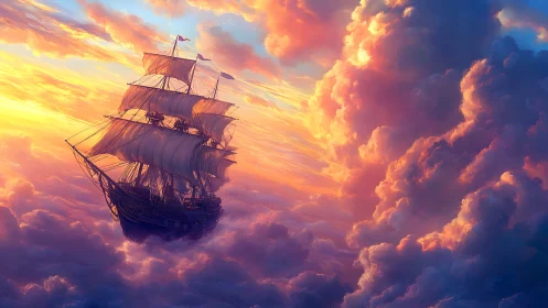 Sunlit sky galleon glides gently through glowing clouds