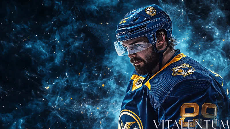 Focused hockey player glows against swirling cosmic ice