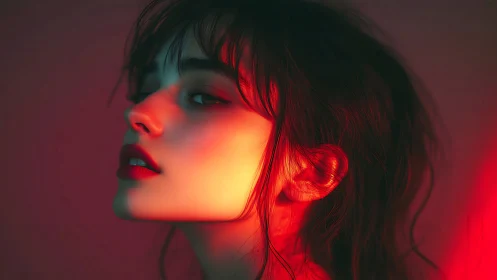 Crimson light kisses a poised profile in twilight hush.