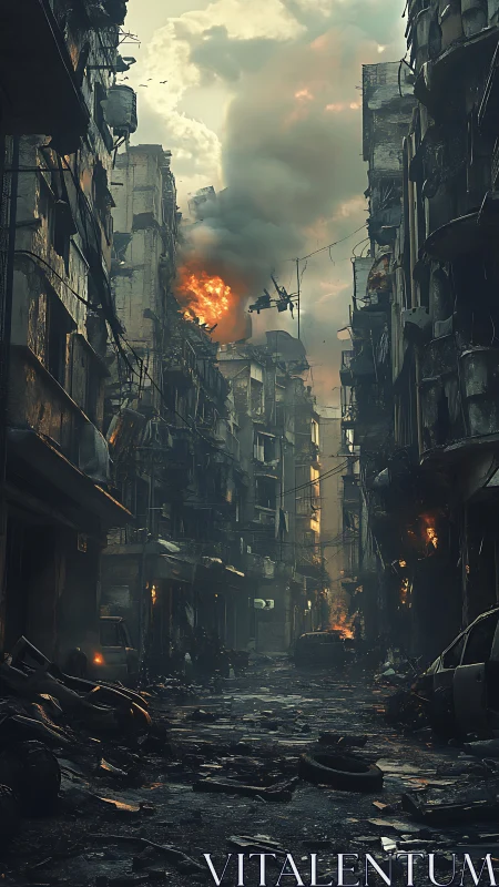 War torn city street engulfed in flames and rising smoke.