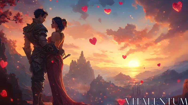 Fantasy Warriors at Golden Sunset Overlooking Mystical Realm.