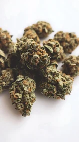 Cannabis buds rest on white background in soft focus.