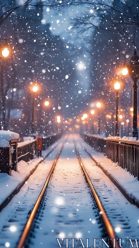 Snow covered tramway with streetlamps in blue hour snowfall