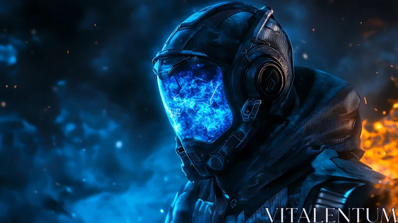 Futuristic armored soldier with glowing blue visor helmet