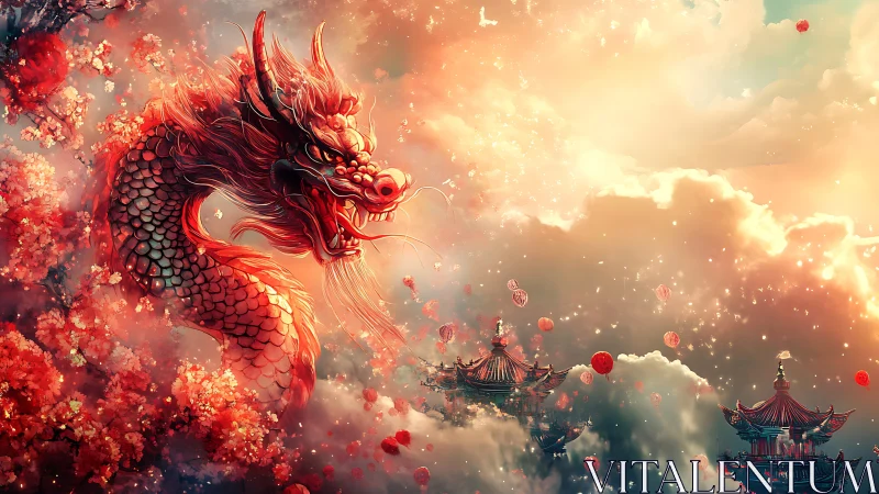 Crimson celestial dragon guarding lantern-lit cloud temples.