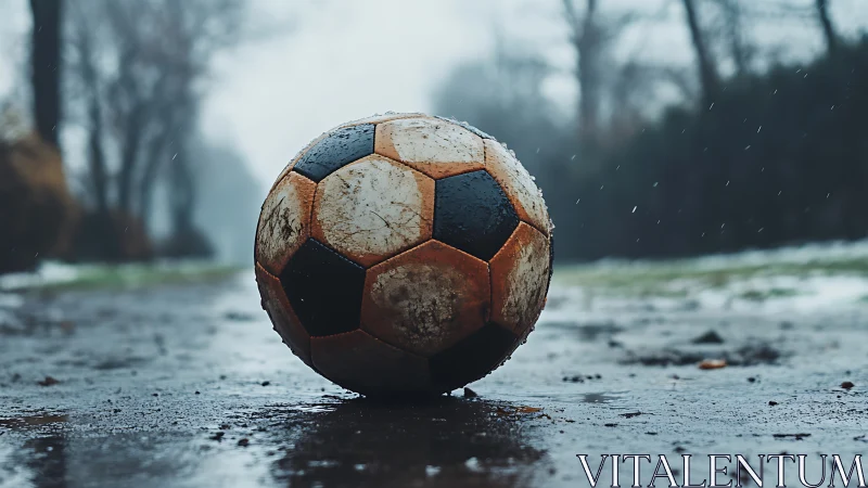Weathered soccer ball on wet asphalt under shallow depth of field