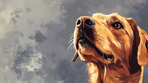 Golden dog gazing upward with soft hopeful brown eyes.