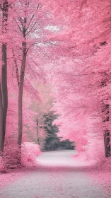 Photorealistic pink forest avenue with soft vanishing perspective.