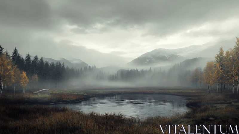 Moody autumn lake beneath misty conifer mountainscape.